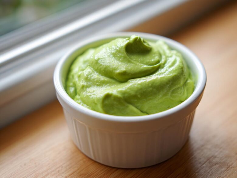 Close-up of thick, vibrant green Copycat Panera Green Goddess Dressing swirled in a white ramekin.