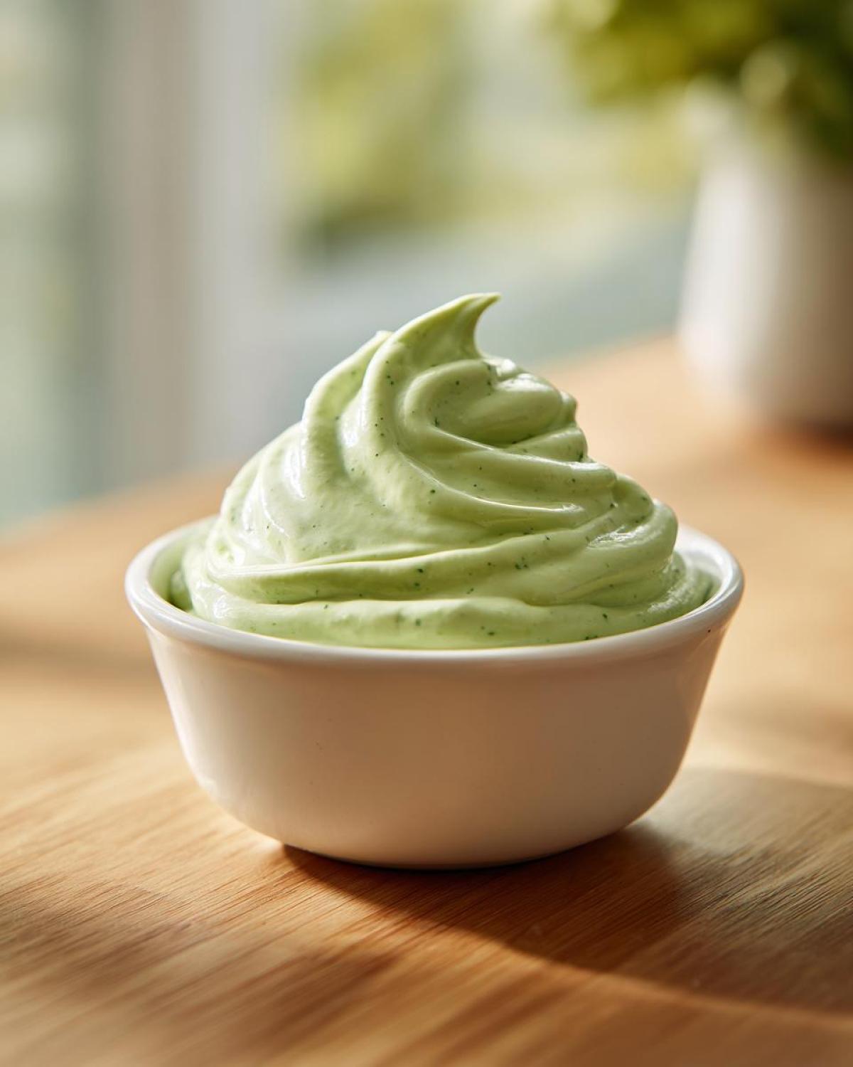 A swirl of creamy, light green Copycat Panera Green Goddess Dressing in a small white bowl.