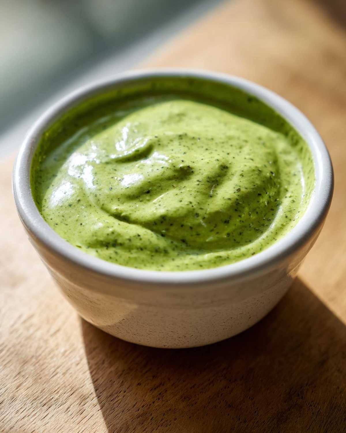 Close-up of creamy, vibrant green Copycat Panera Green Goddess Dressing in a small white bowl.