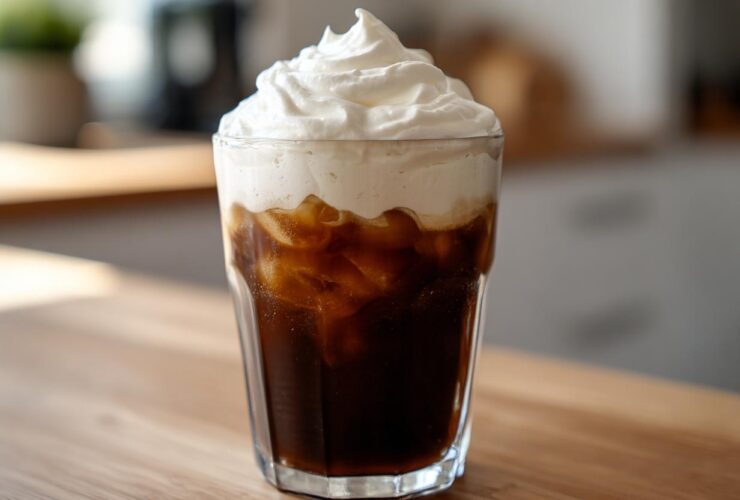 A tall glass of iced coffee topped generously with whipped Copycat Starbucks Vanilla Sweet Cream Cold Foam.