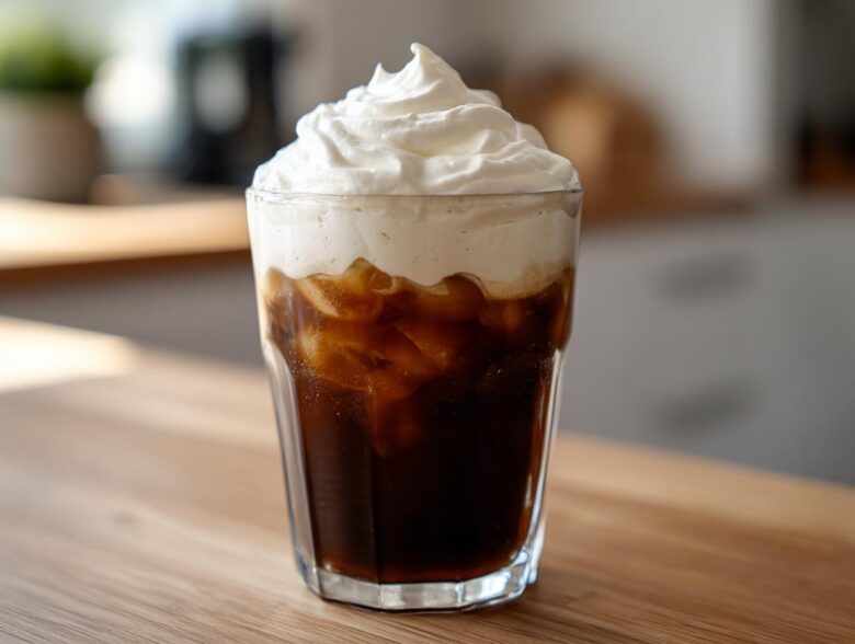 A tall glass of iced coffee topped generously with whipped Copycat Starbucks Vanilla Sweet Cream Cold Foam.