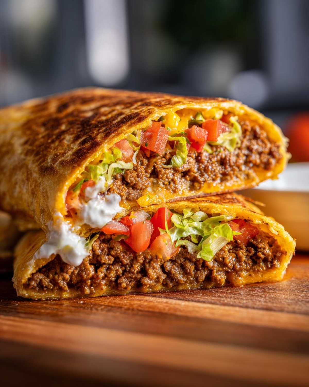 A cross-section view showing the layers of a Copycat Taco Bell Crunchwrap Supreme filled with seasoned beef, lettuce, tomatoes, and sour cream.