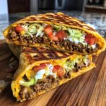 A Copycat Taco Bell Crunchwrap Supreme cut in half, showing seasoned beef, cheese, lettuce, tomatoes, and sour cream.
