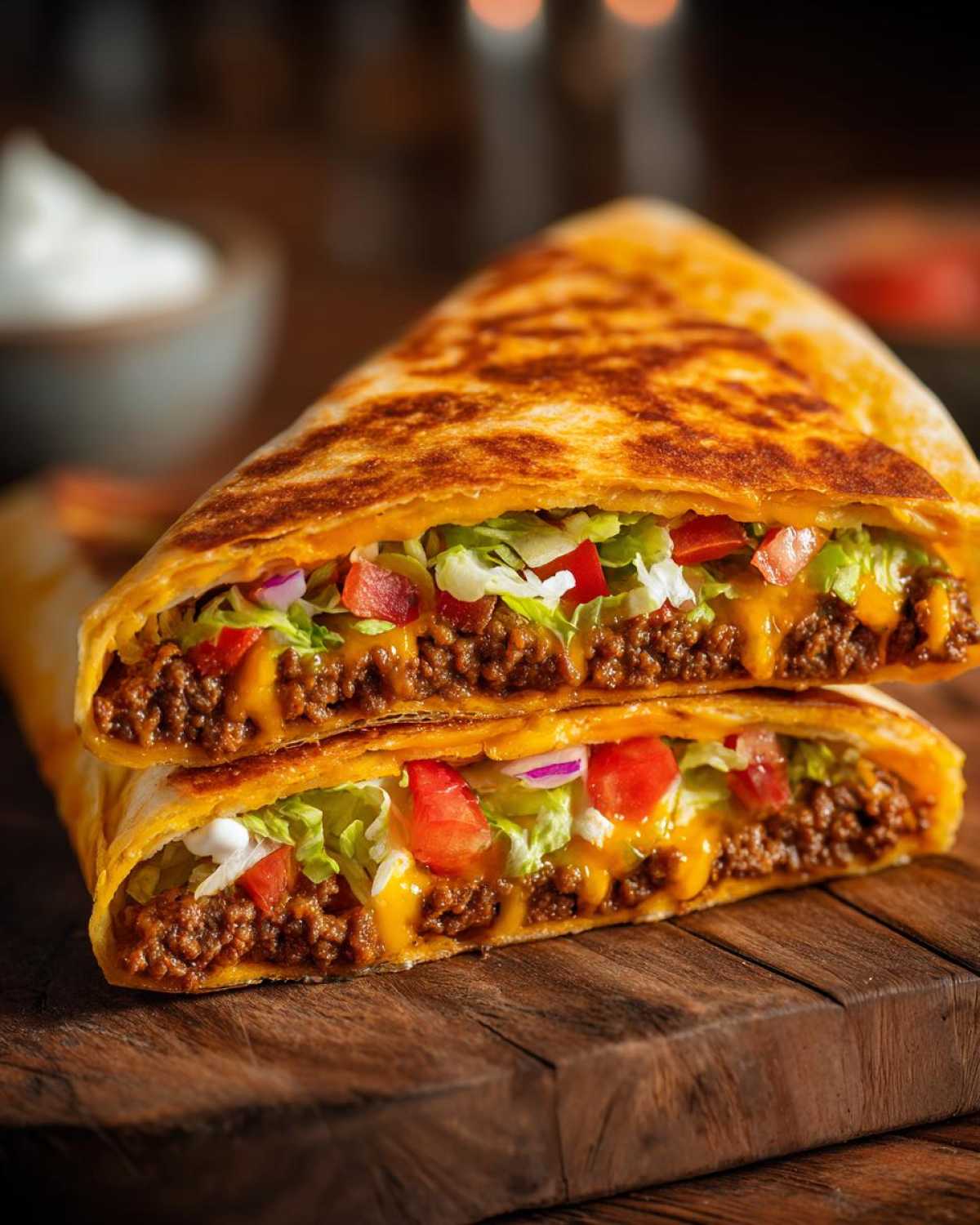 A halved Copycat Taco Bell Crunchwrap Supreme showing layers of seasoned beef, melted cheese, lettuce, tomato, and sour cream.