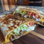 Two halves of a Copycat Taco Bell Crunchwrap Supreme showing seasoned beef, cheese, lettuce, tomato, and sour cream.