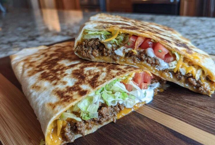 Two halves of a Copycat Taco Bell Crunchwrap Supreme showing seasoned beef, cheese, lettuce, tomato, and sour cream.
