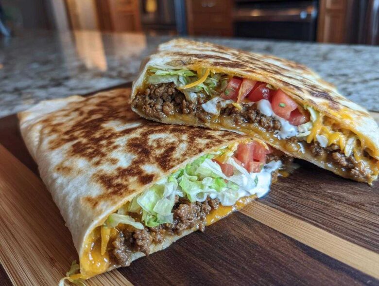 Two halves of a Copycat Taco Bell Crunchwrap Supreme showing seasoned beef, cheese, lettuce, tomato, and sour cream.