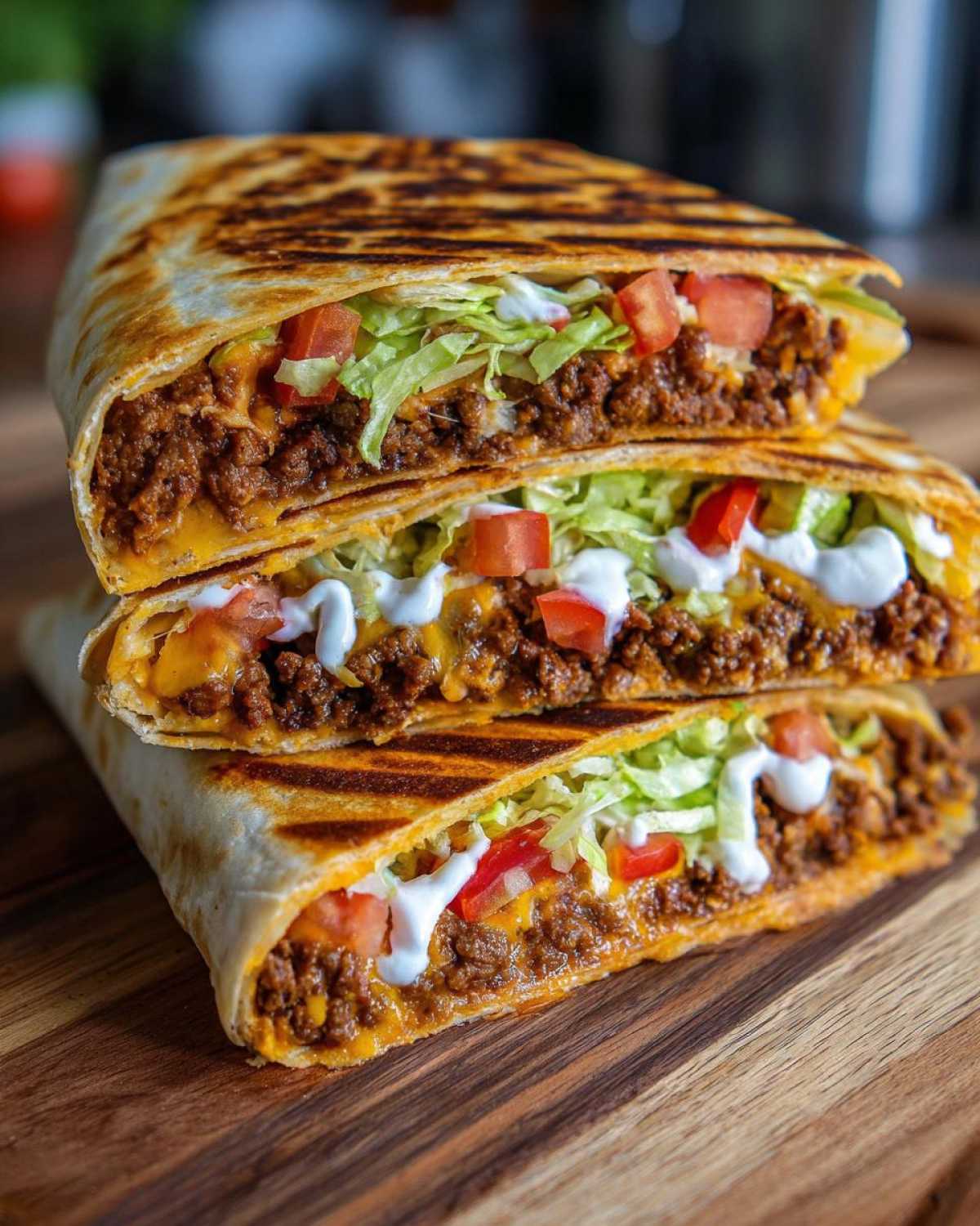 Three stacked halves of a Copycat Taco Bell Crunchwrap Supreme showing seasoned beef, cheese, lettuce, tomato, and sour cream.