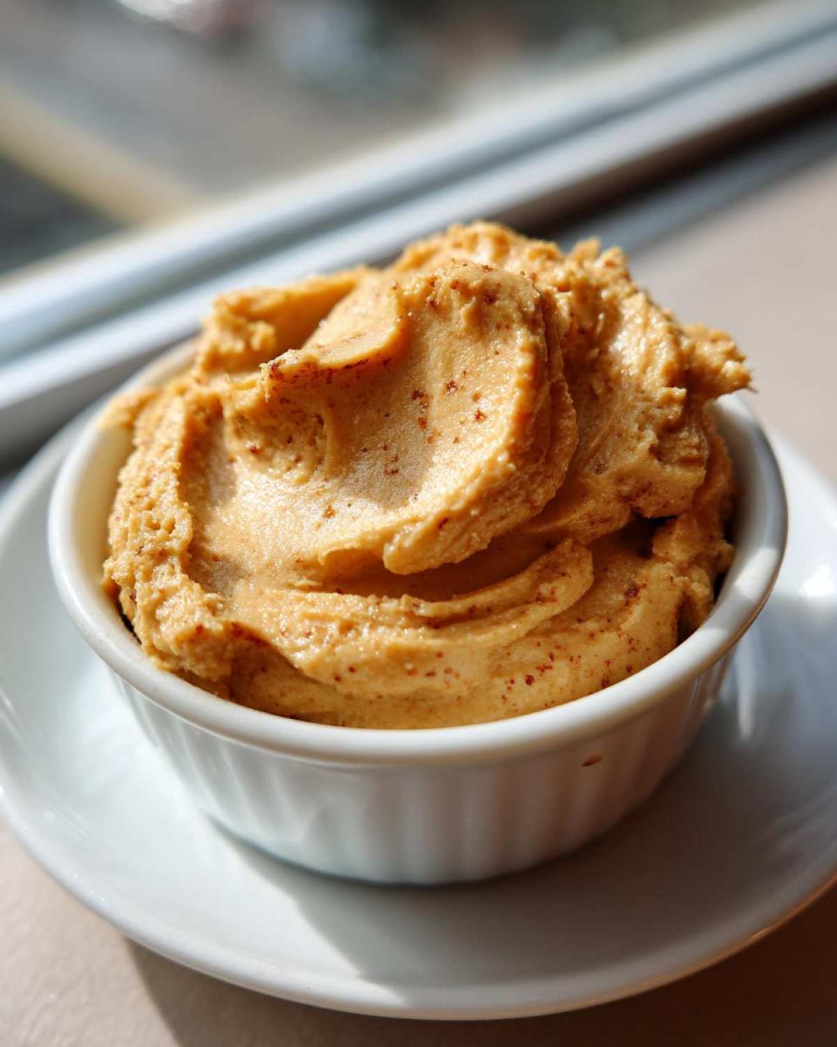 Close-up of whipped Copycat Texas Roadhouse Cinnamon Honey Butter in a small white ramekin.
