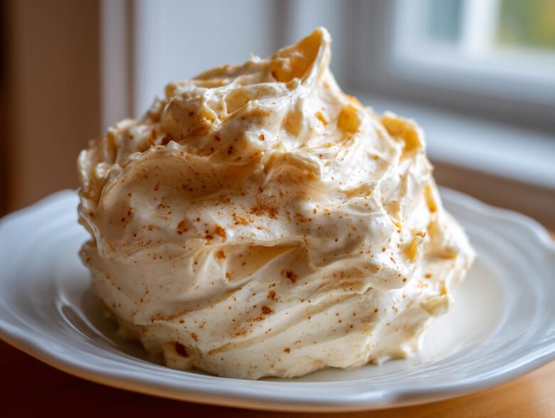 A generous swirl of fluffy Copycat Texas Roadhouse Cinnamon Honey Butter sprinkled with cinnamon on a white plate.