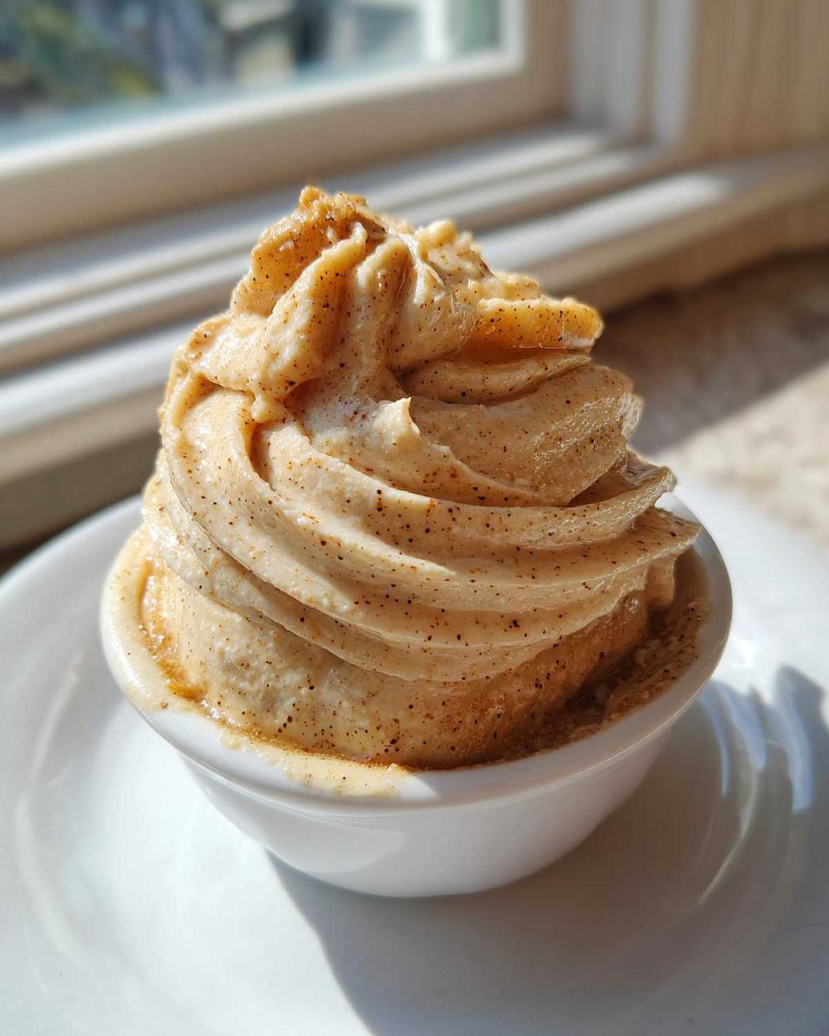 A swirl of Copycat Texas Roadhouse Cinnamon Honey Butter, speckled with cinnamon, served in a small white ramekin.