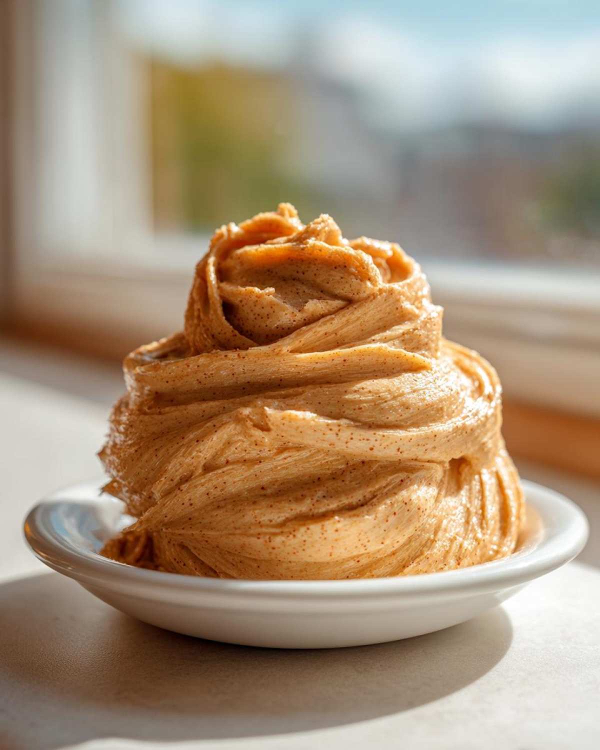 A tall swirl of whipped Copycat Texas Roadhouse Cinnamon Honey Butter sprinkled with cinnamon dots on a small white dish.