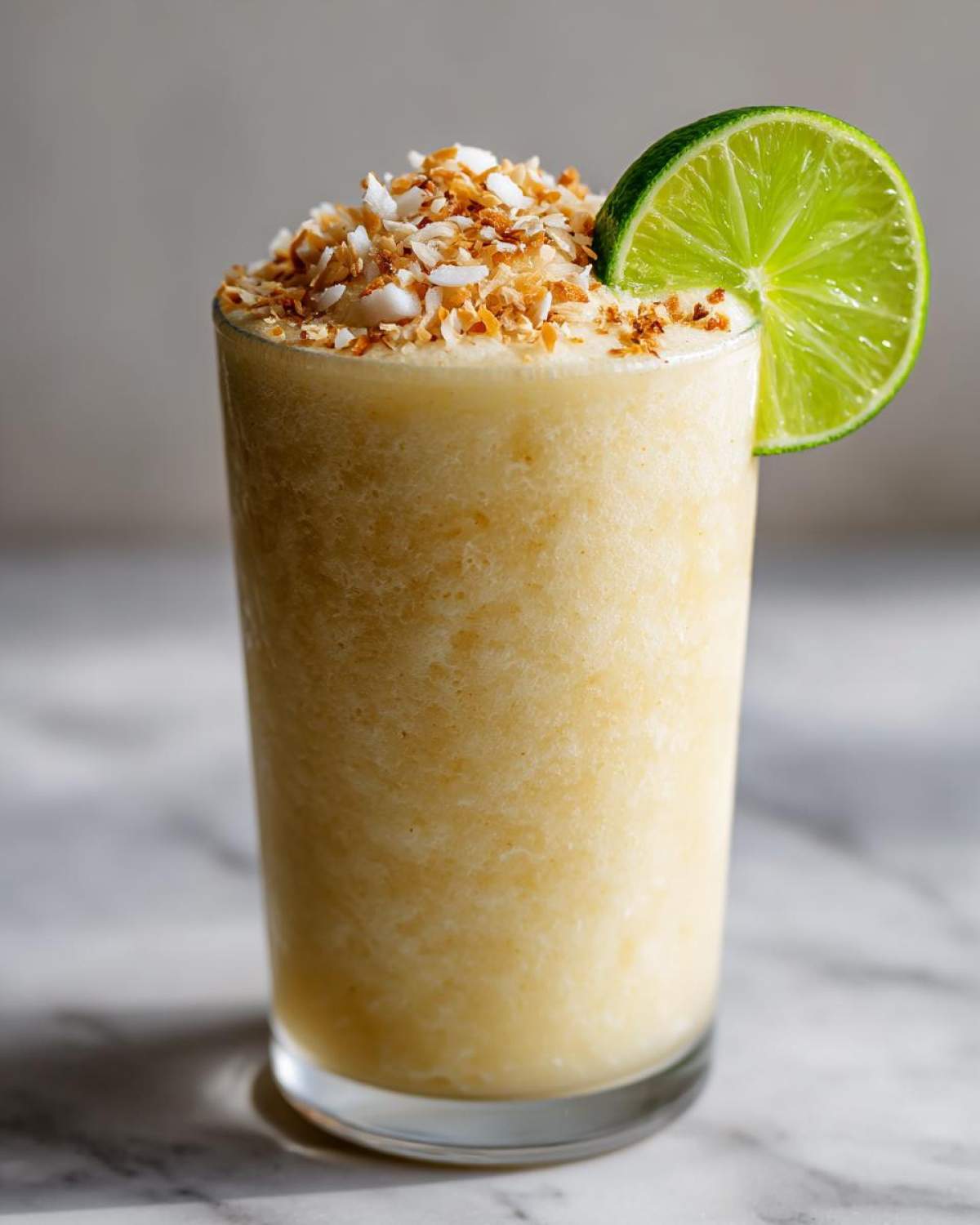 A tall glass of creamy Iced Pineapple Coconut Mocktail topped with toasted coconut flakes and a lime slice.