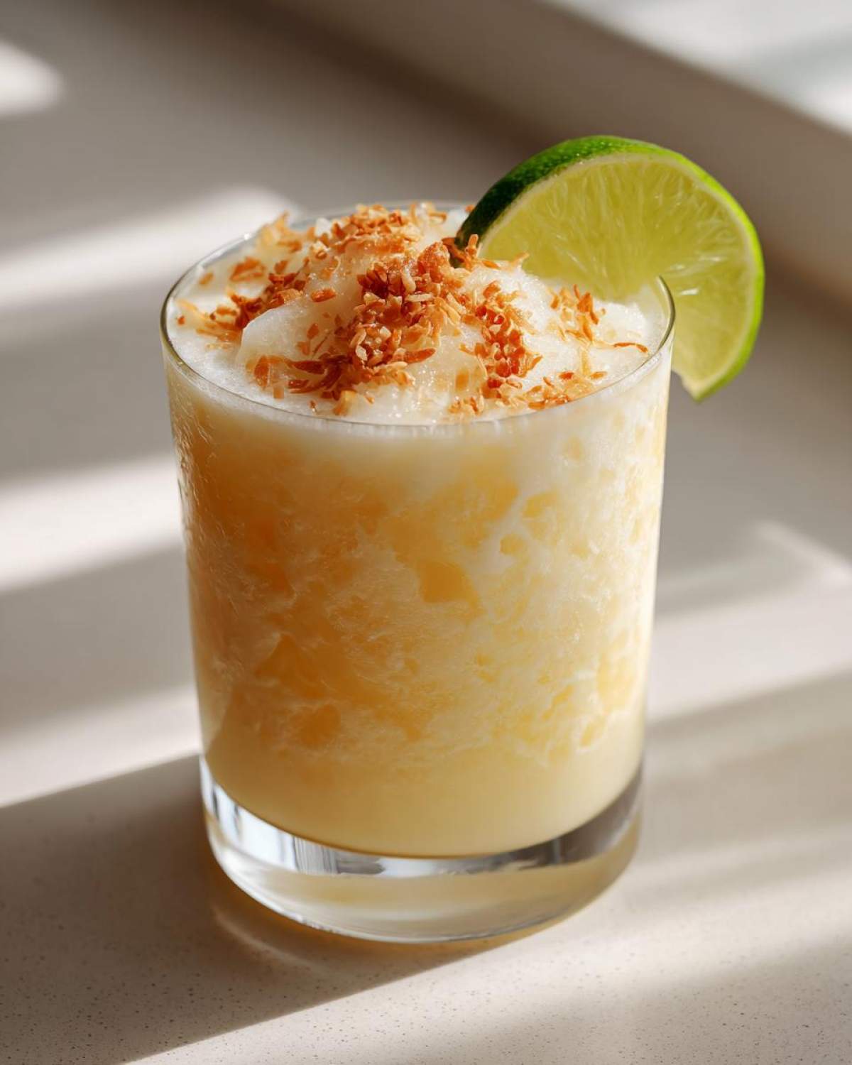 A close-up of a creamy Iced Pineapple Coconut Mocktail topped with toasted coconut flakes and a lime wedge.