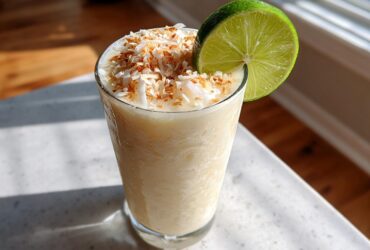 A tall glass of creamy Iced Pineapple Coconut Mocktail topped with toasted coconut flakes and a lime wheel.