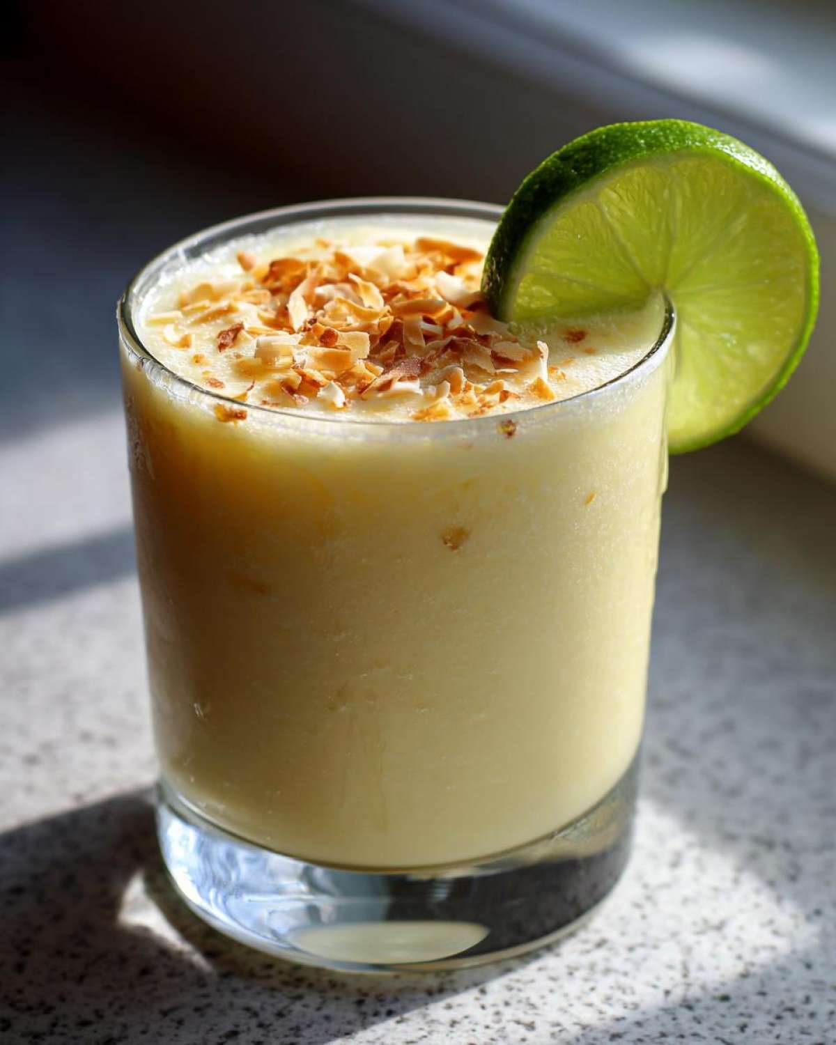 A creamy, yellow Iced Pineapple Coconut Mocktail garnished with toasted coconut flakes and a lime wedge.