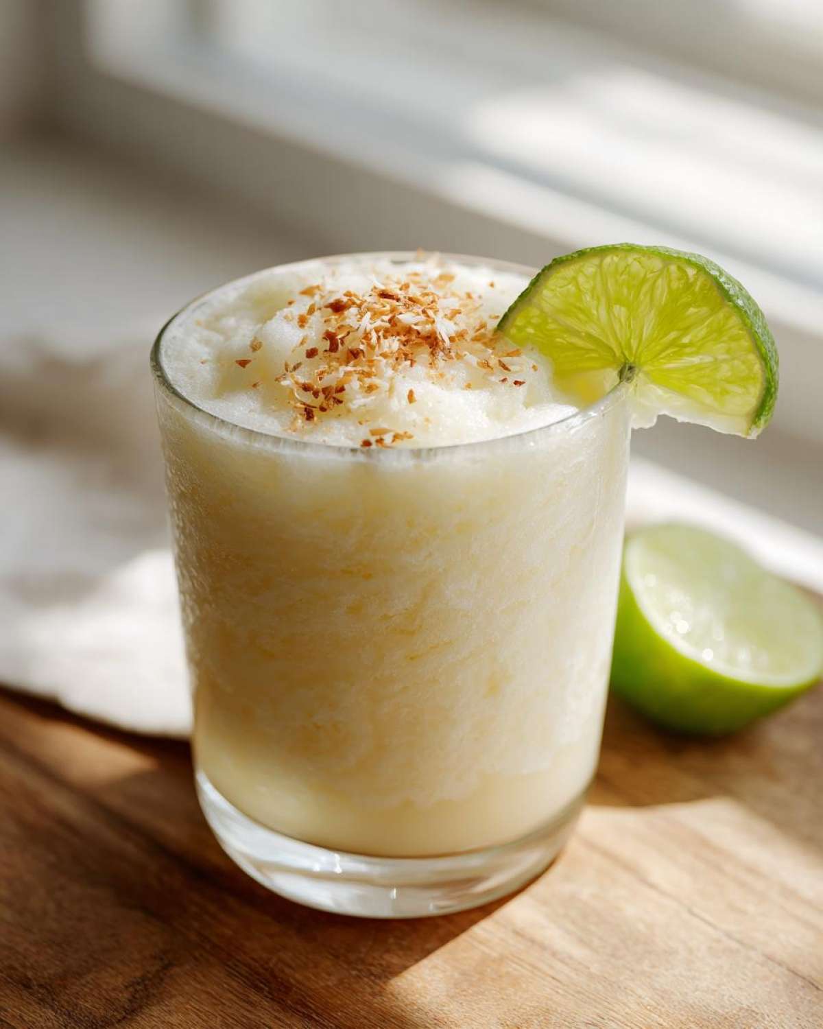 A close-up of a creamy Iced Pineapple Coconut Mocktail garnished with toasted coconut flakes and a lime wedge.