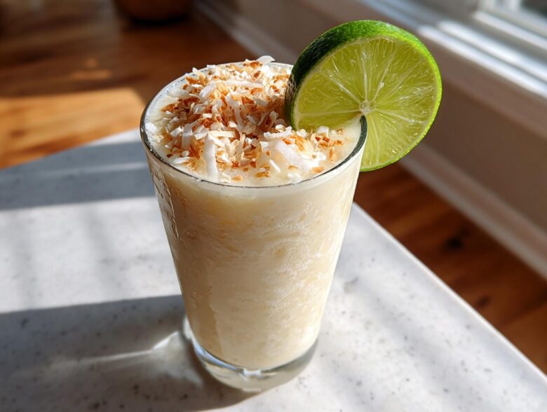 A tall glass of creamy Iced Pineapple Coconut Mocktail topped with toasted coconut flakes and a lime wheel.