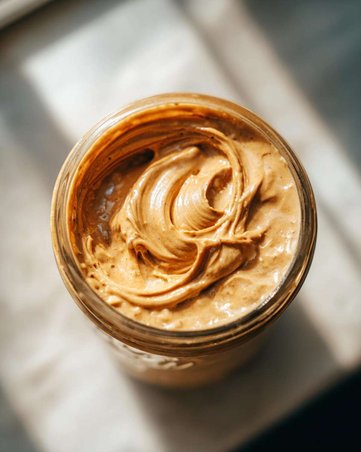 Overhead view of creamy peanut butter swirled inside a glass jar, key ingredient for Vegan Peanut Butter Banana Overnight Oats.