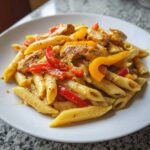 Close-up of creamy Rasta pasta featuring penne, seasoned chicken pieces, and colorful red and yellow bell peppers.