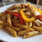 Close-up of creamy Rasta Pasta featuring penne, seasoned chicken pieces, and bright red and yellow bell peppers.