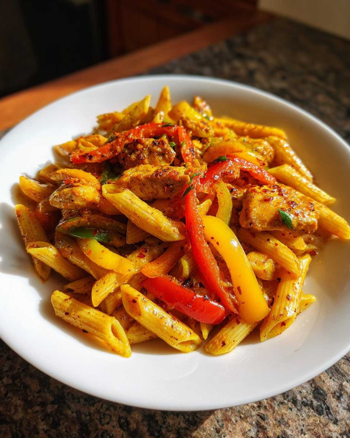 Close-up of a white bowl filled with vibrant Rasta Pasta featuring penne, chicken pieces, and sliced red and yellow bell peppers.