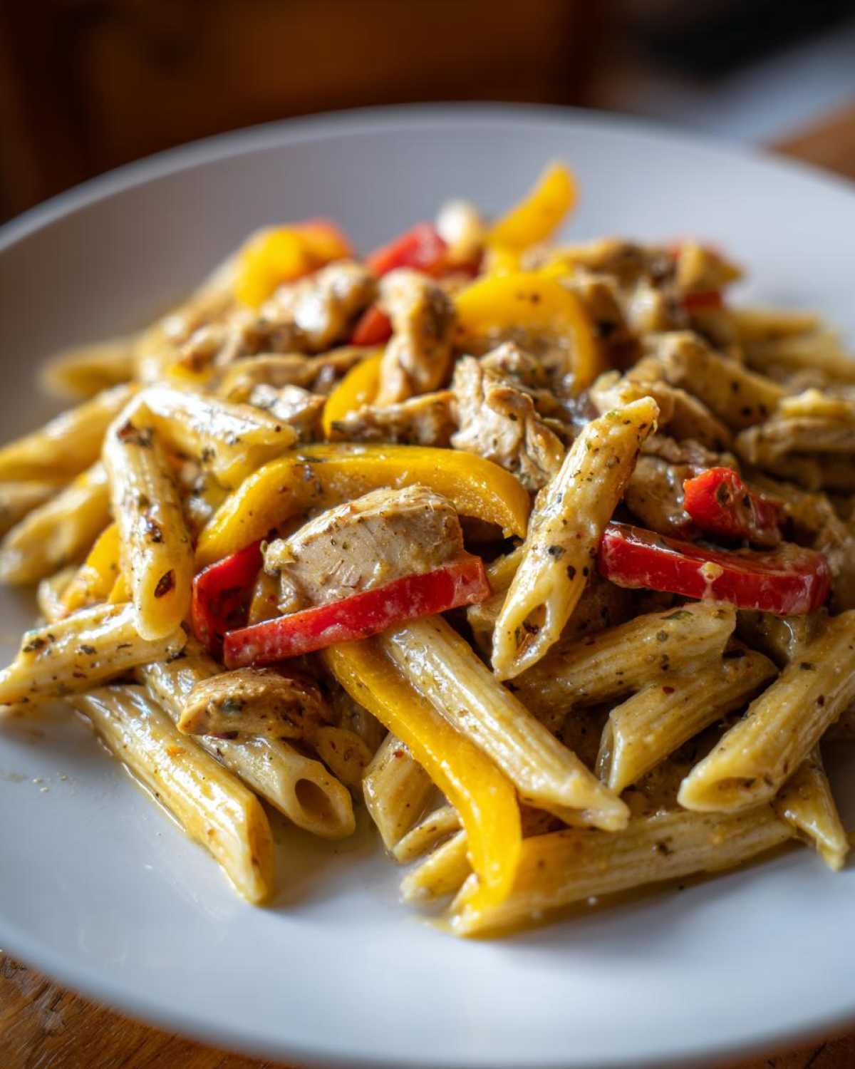 Close-up of creamy Rasta Pasta featuring penne, chicken pieces, and colorful strips of red and yellow bell peppers.