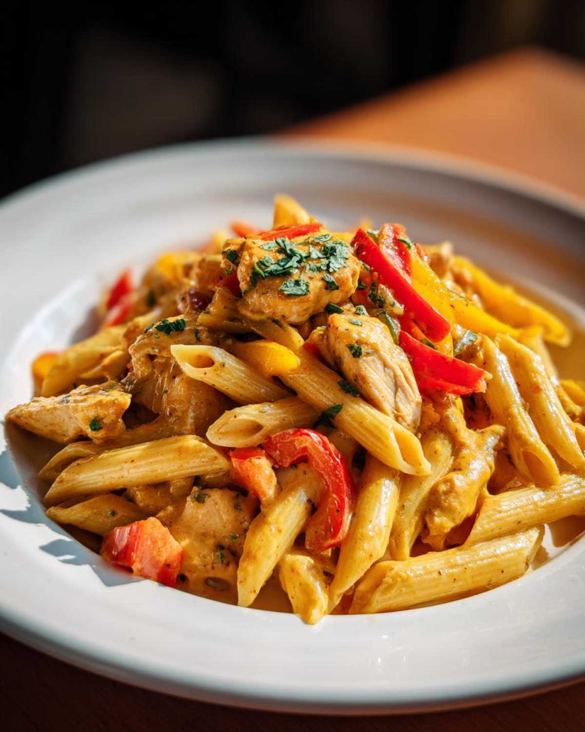 Close-up of creamy Rasta Pasta featuring penne, chicken pieces, and vibrant red and yellow bell peppers.
