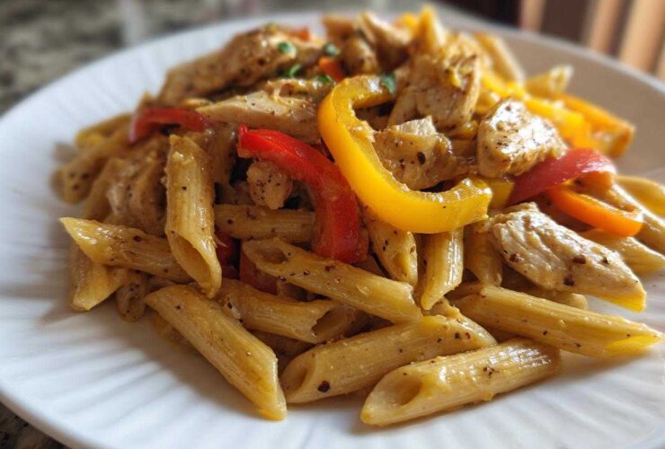 Close-up of creamy Rasta Pasta featuring penne, seasoned chicken pieces, and bright red and yellow bell peppers.