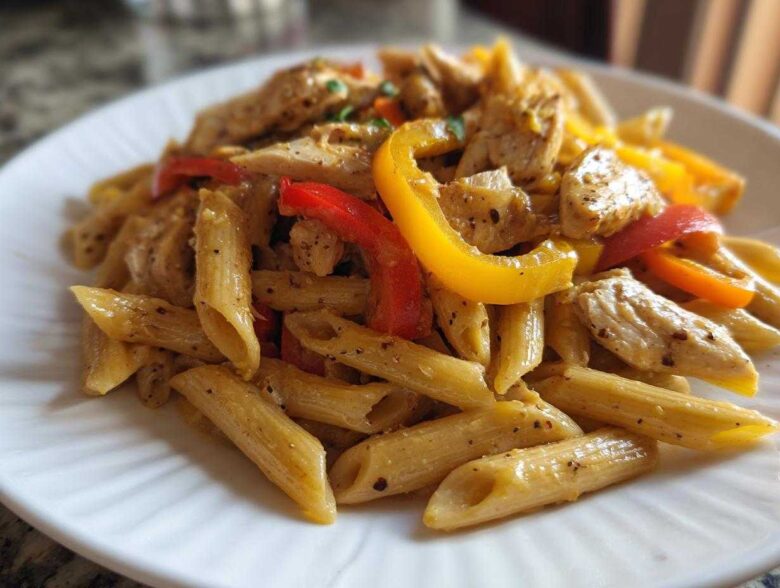 Close-up of creamy Rasta Pasta featuring penne, seasoned chicken pieces, and bright red and yellow bell peppers.