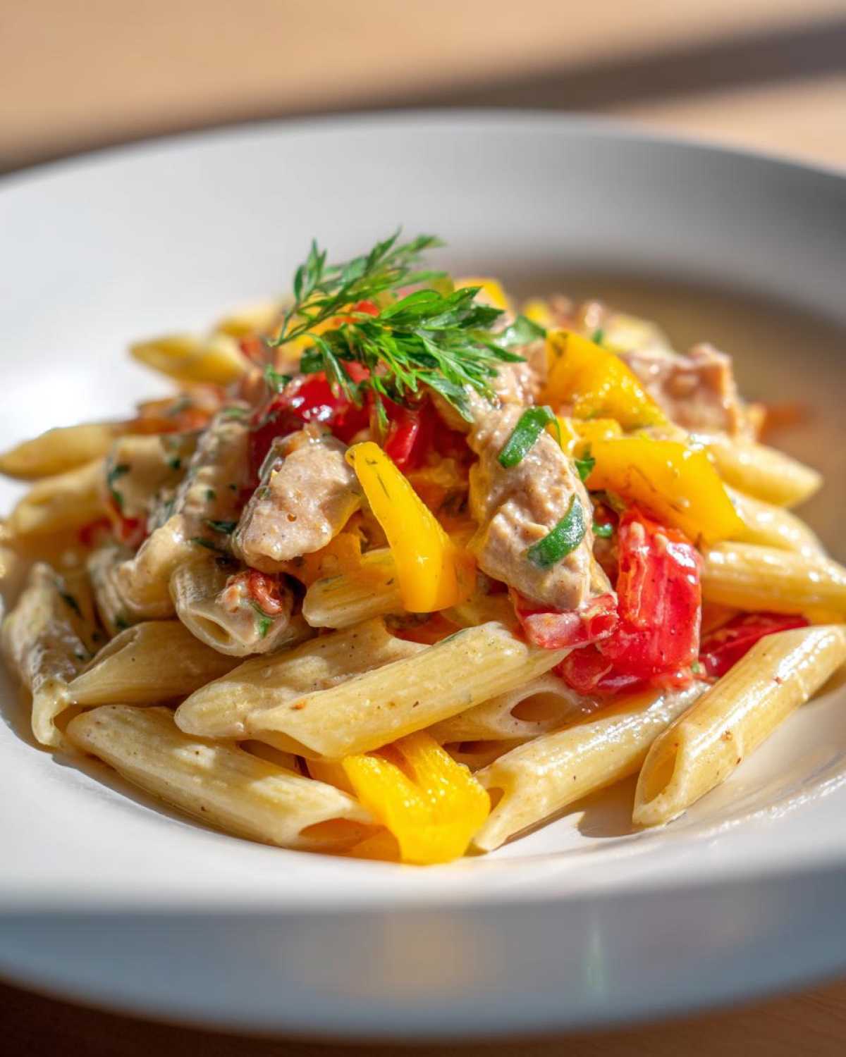 Close-up of creamy Rasta Pasta featuring penne, colorful bell peppers, and pieces of chicken, garnished with fresh herbs.