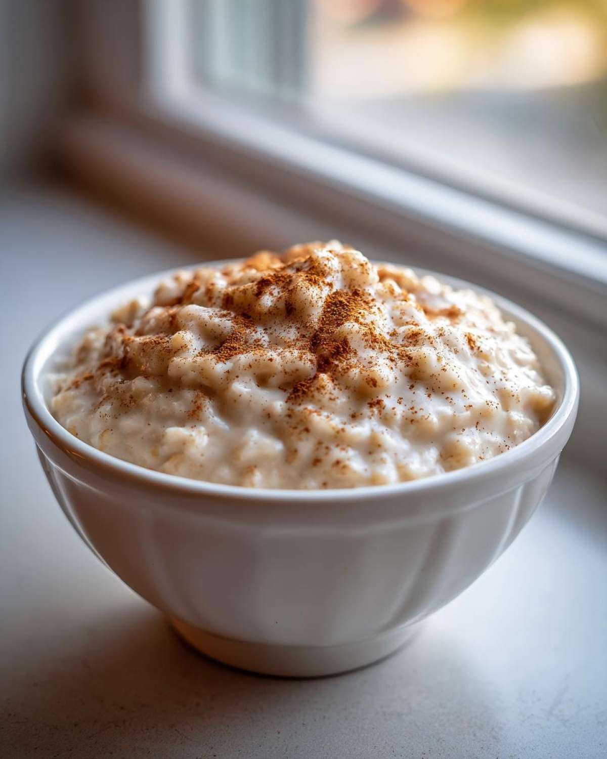 A close-up of a creamy rice pudding recipe served in a white bowl, dusted generously with cinnamon.