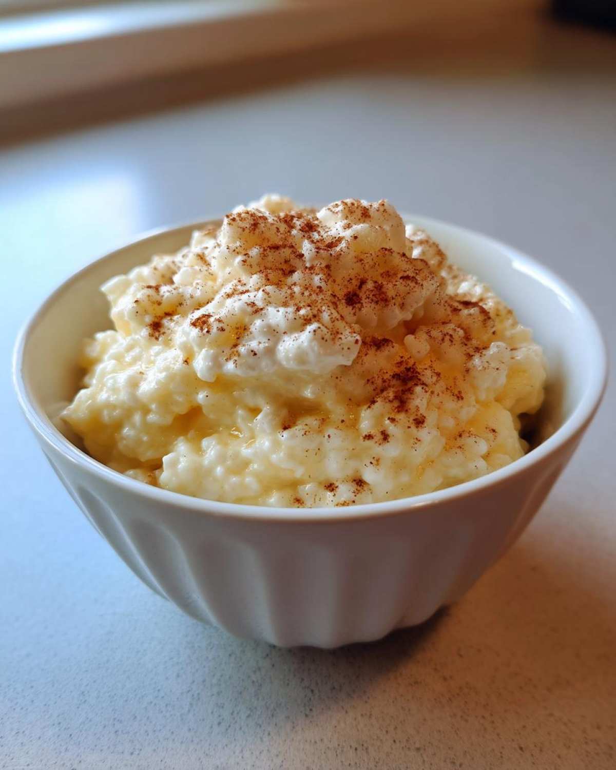 Close-up of a bowl of creamy rice pudding recipe, topped generously with ground cinnamon.