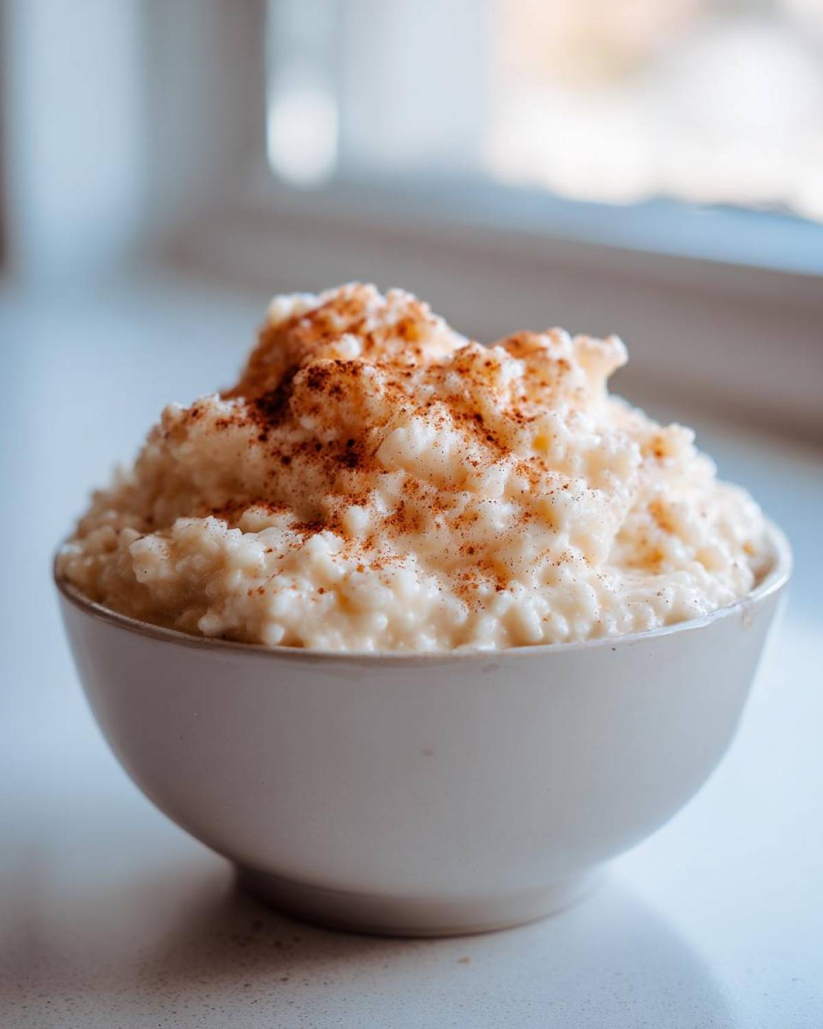 Close-up of a creamy rice pudding recipe served in a white bowl, generously topped with ground cinnamon.