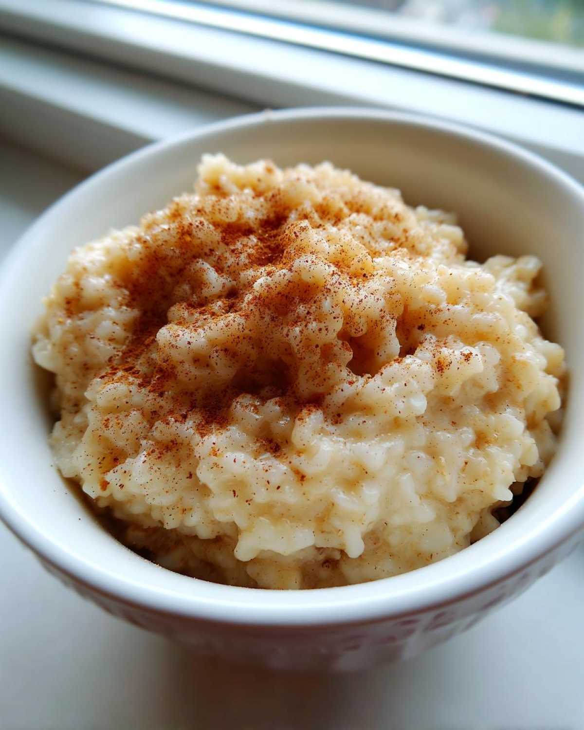 Close-up of a bowl of creamy rice pudding recipe topped generously with ground cinnamon.
