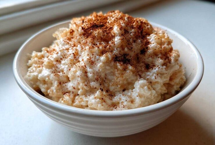 A close-up of a white bowl filled with creamy rice pudding recipe, generously dusted with cinnamon.