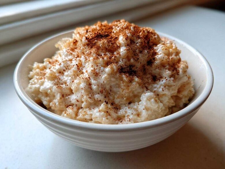 A close-up of a white bowl filled with creamy rice pudding recipe, generously dusted with cinnamon.