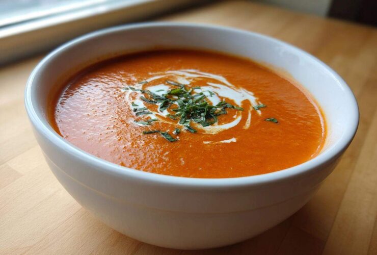 Close-up of a white bowl filled with rich, orange tomato bisque, garnished with cream swirl and fresh herbs.