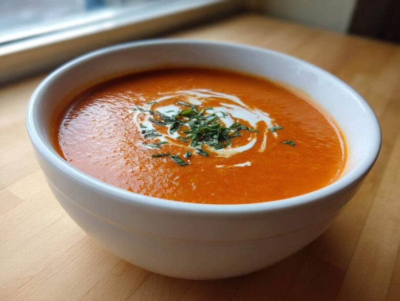 Close-up of a white bowl filled with rich, orange tomato bisque, garnished with cream swirl and fresh herbs.