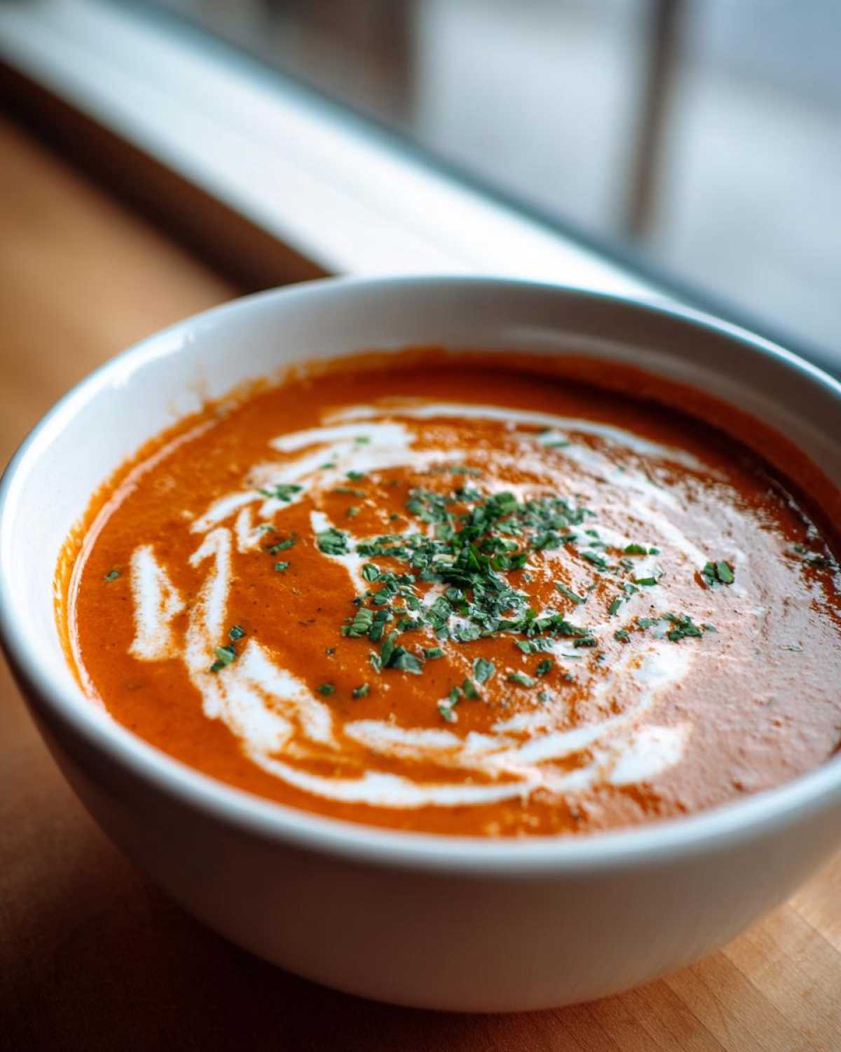 A close-up of a rich, orange-red tomato bisque garnished with a swirl of cream and fresh chopped herbs.