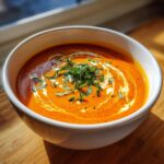 A close-up of a rich, orange tomato bisque in a white bowl, swirled with cream and topped with fresh basil.