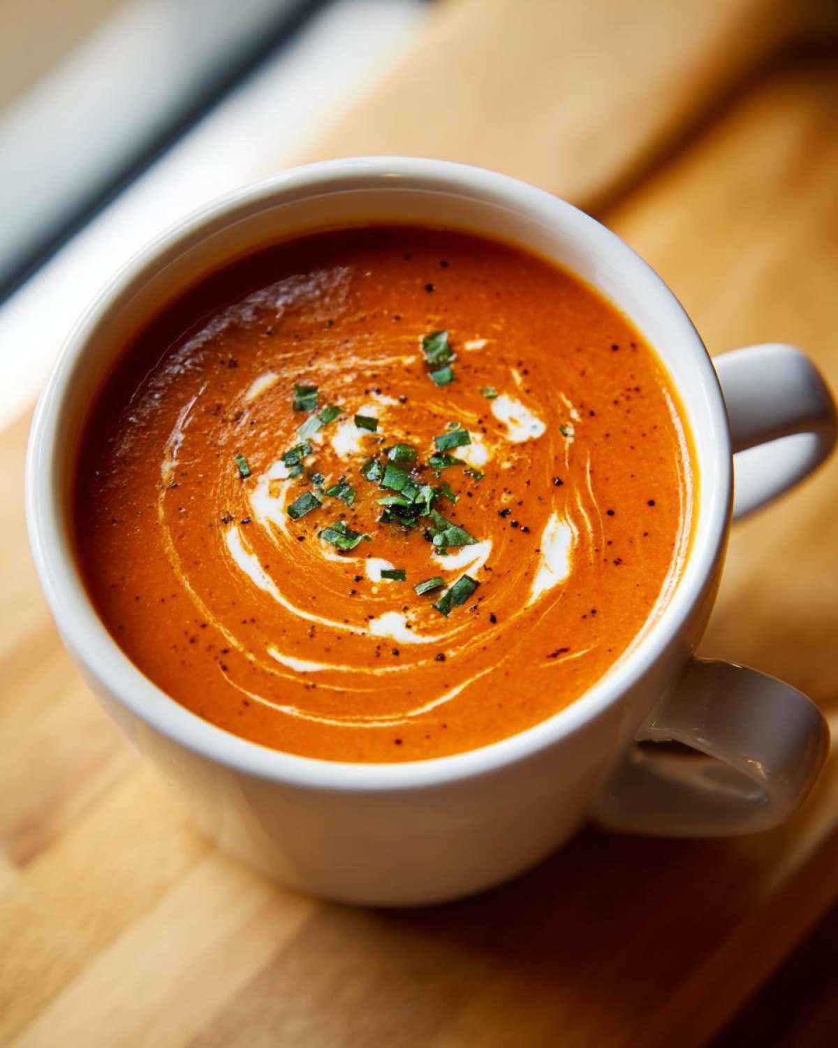 A close-up overhead shot of rich, orange tomato bisque topped with a swirl of cream and fresh herbs.