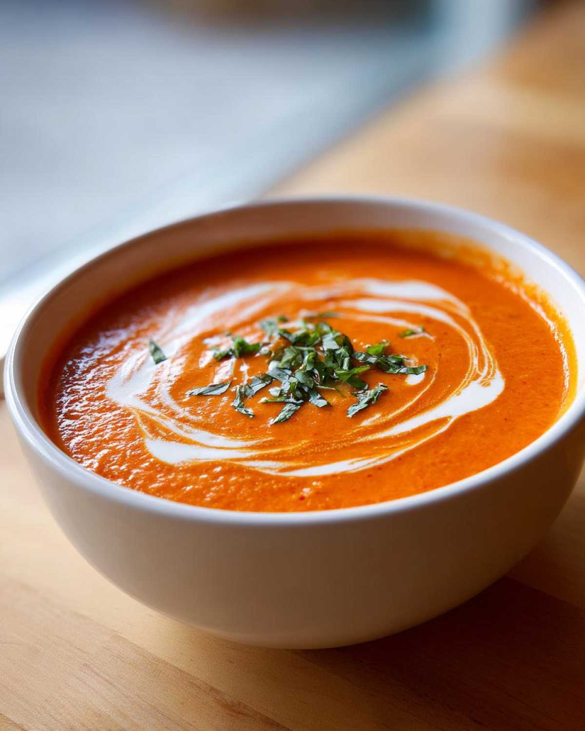 A close-up of a rich, orange tomato bisque in a white bowl, swirled with cream and topped with fresh basil.