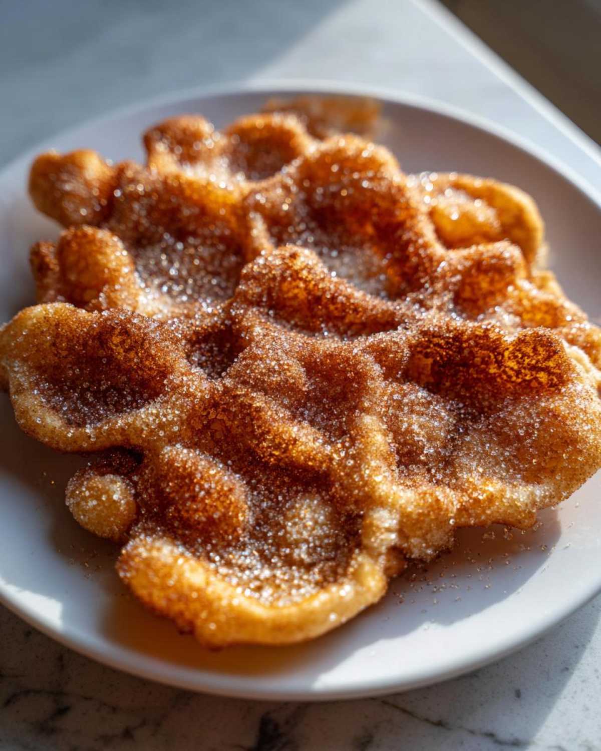 Close-up of a freshly made, crispy buñuelos generously coated in sparkling cinnamon sugar on a white plate.
