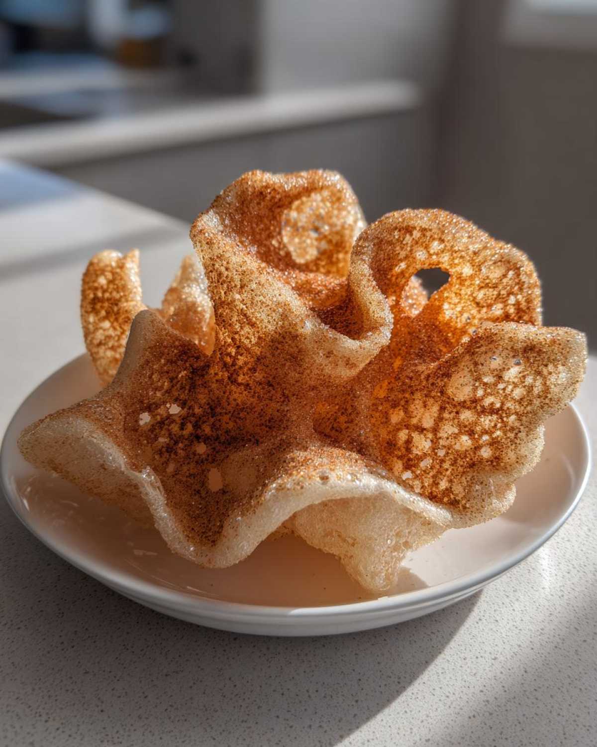 Close-up of crispy, wavy buñuelos dusted heavily with cinnamon sugar on a small white plate.