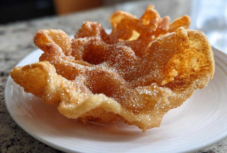 Close-up of a single, crispy, flower-shaped buñuelos generously coated in sparkling cinnamon sugar.