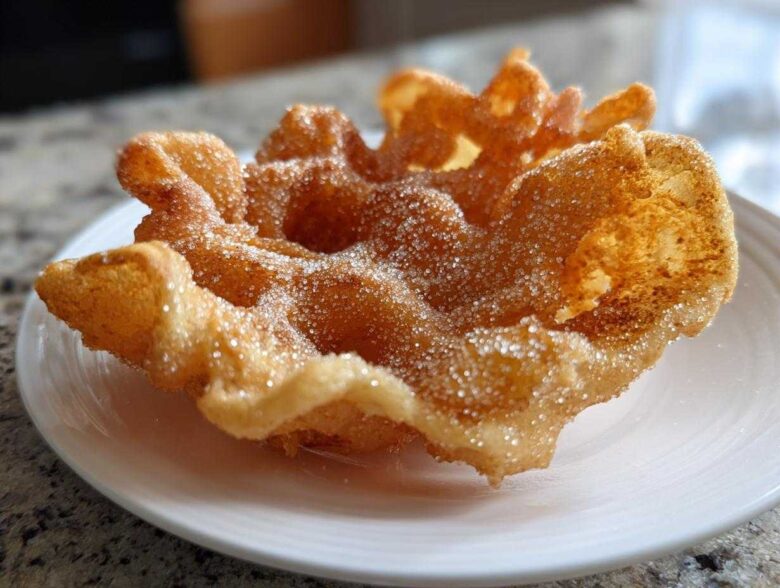 Close-up of a single, crispy, flower-shaped buñuelos generously coated in sparkling cinnamon sugar.