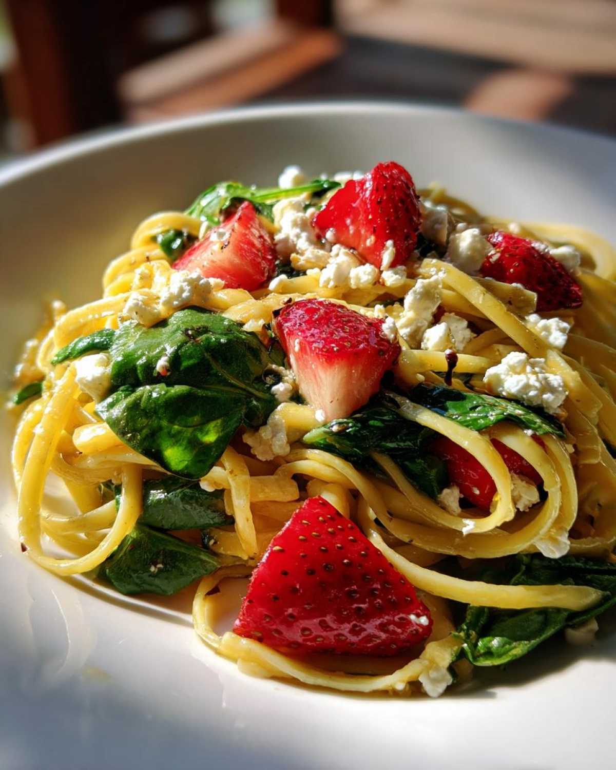 A close-up, brightly lit serving of Easy Strawberry Spinach Pasta Salad with feta crumbles and sliced strawberries mixed with linguine.