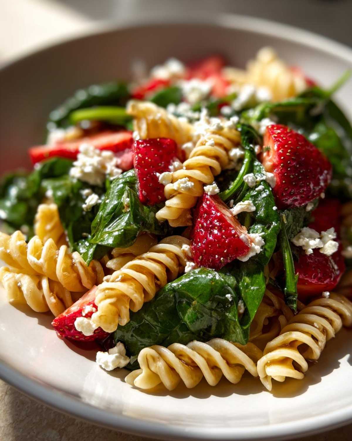 Close-up of Easy Strawberry Spinach Pasta Salad with feta cheese crumbles and fusilli pasta.
