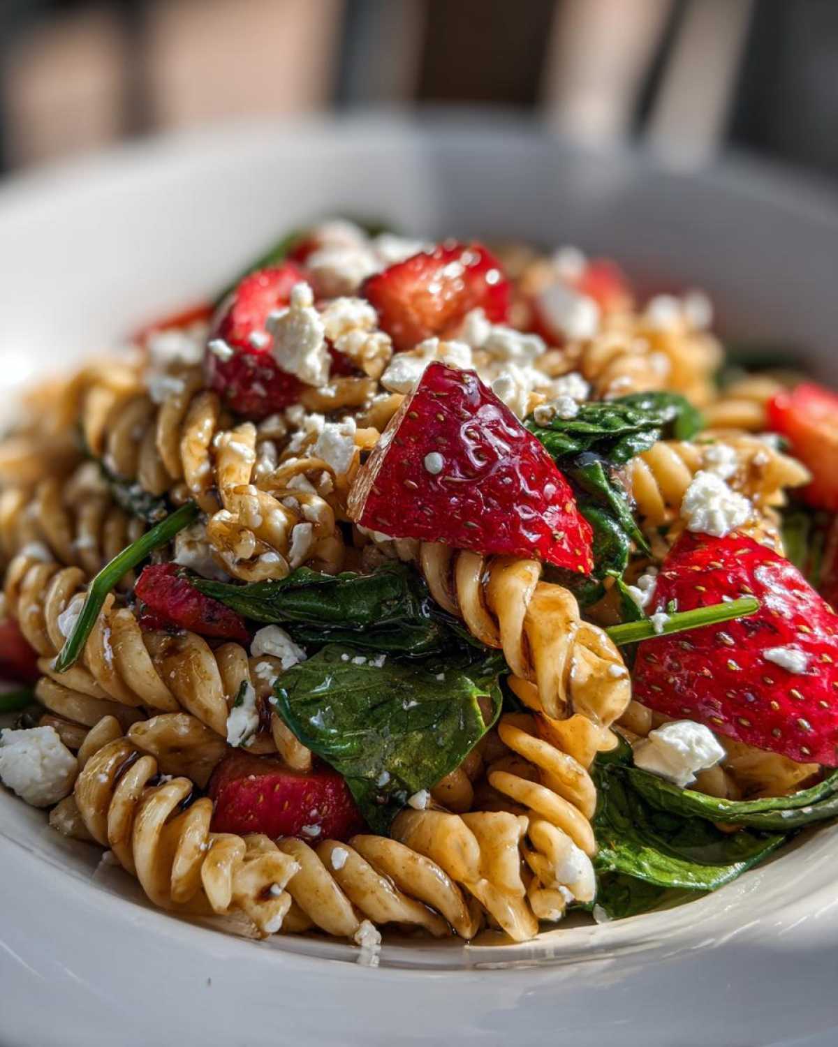 Close-up of Easy Strawberry Spinach Pasta Salad featuring rotini pasta, fresh spinach, sliced strawberries, and crumbled feta cheese.